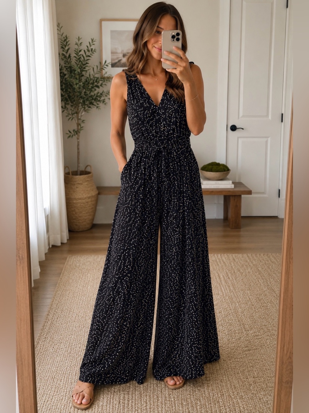 Black V-Neck Printed Maxi Jumpsuit with Self-Tie Waist